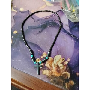 Mens Womens Magnetic Hematite Cross Turquoise Pendant Necklace Therapy